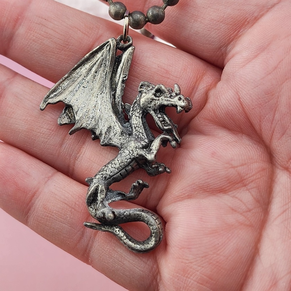 Dragon Pendant Necklace Antiqued Silver Tone Ball Chain Gothic Fantasy Jewelry